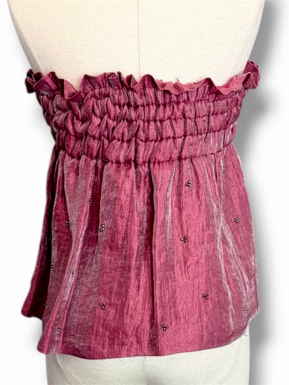 Strapless Smocked Babydoll Peplum Tube Top Beaded Wine Red Burgundy